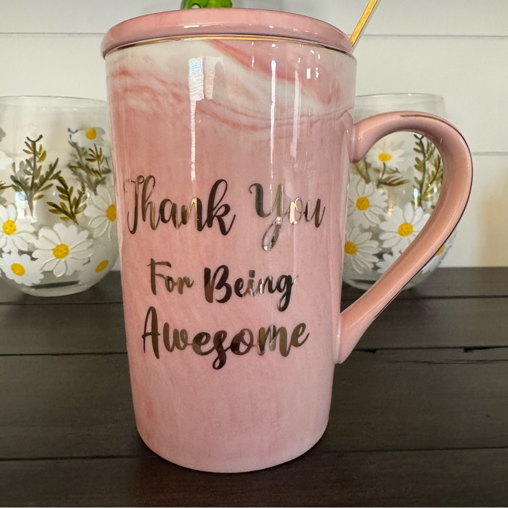 Handmade Pink White Gold Ceramic Mug with Lid